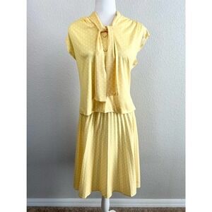 Vintage 60 Yellow Polka Dot Neck Tie Button Down Top Accordion Skirt 2 Piece Set